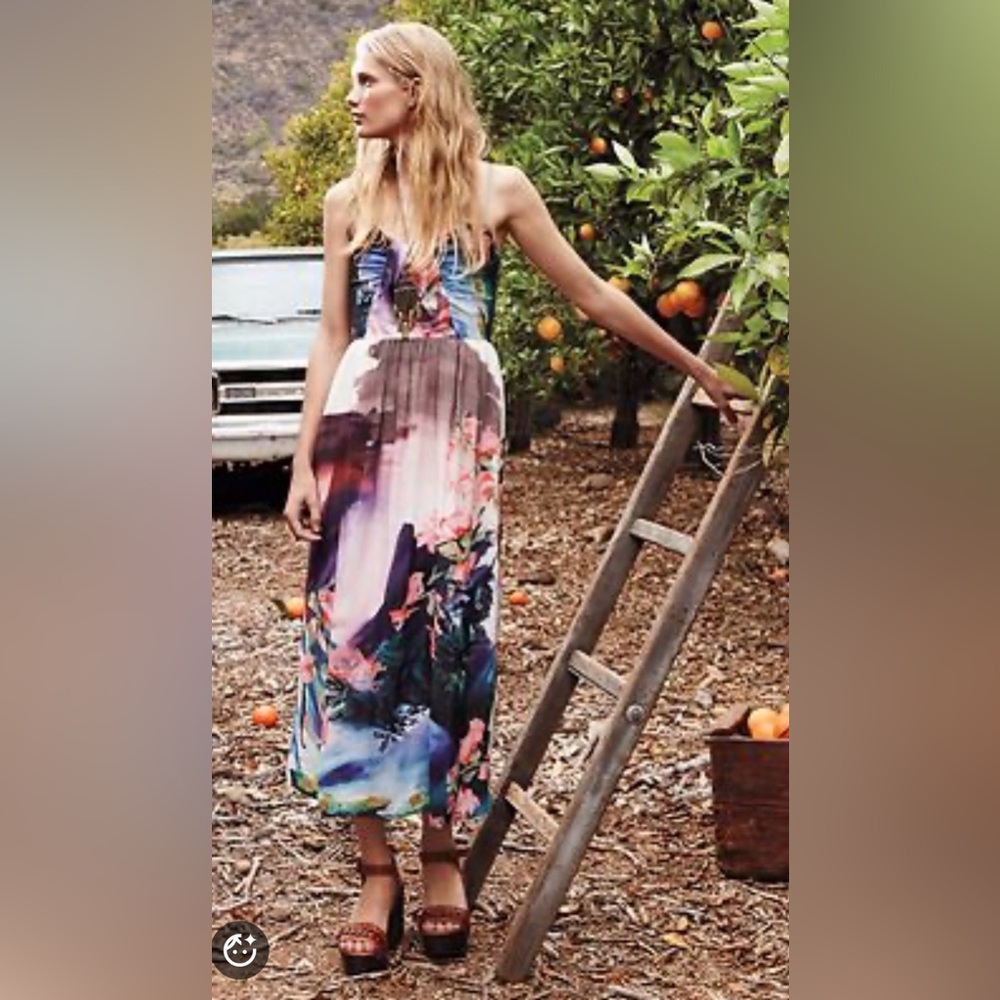 Cory Lynn Calter Strapless Floral Watercolor Maxi Dress - Pink Multi